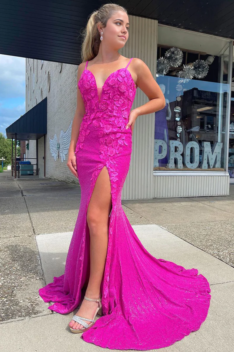 Mermaid Sparkly V Neck Fuchsia Sequins Long Prom Dresses with Appliques